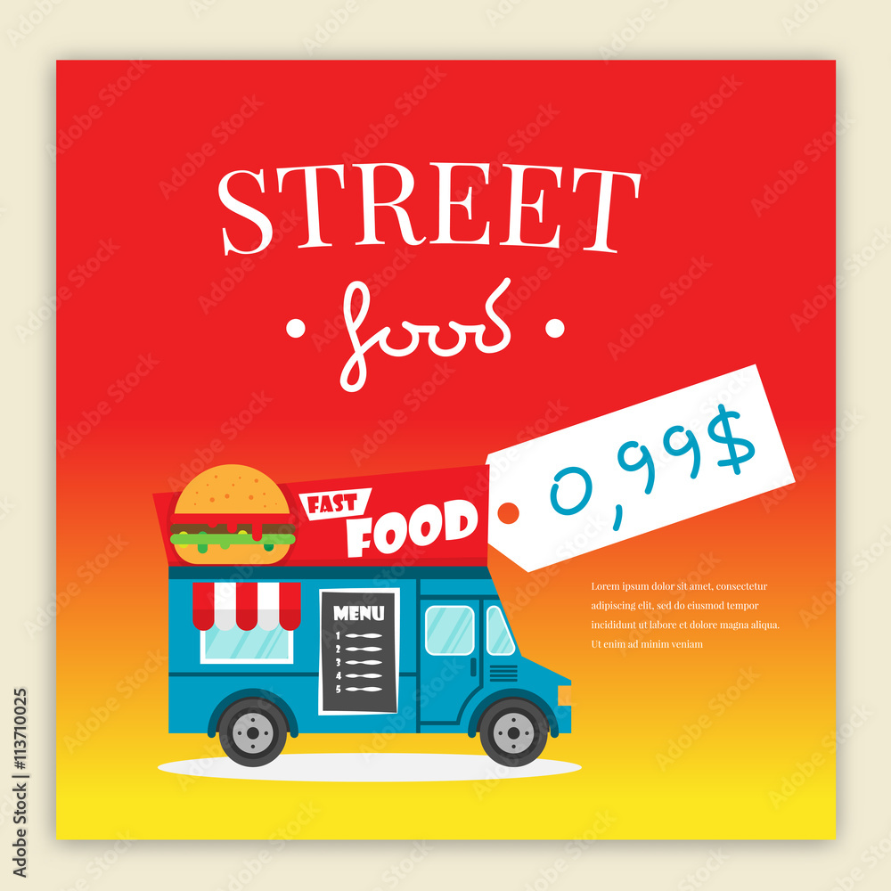 Street food truck vector illustration. burger van delivery. Flat banner