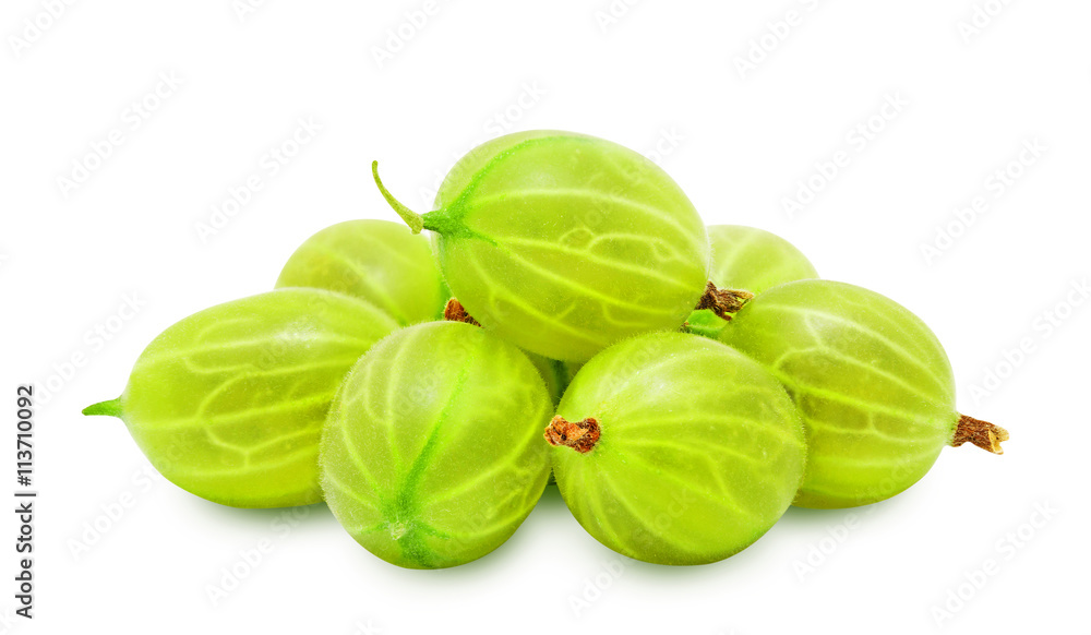 Heap of fresh ripe gooseberry berries without leaves isolated on white background. Design element for product label, catalog print, web use.