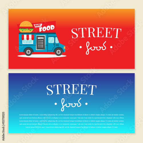 Street food truck vector illustration. burger van delivery. Flat banner, flyer. Brochure design template vector with price and text