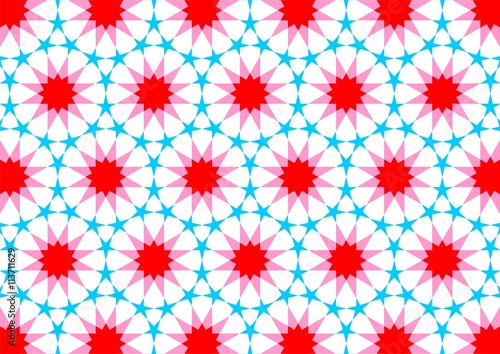  Imitation of Arab tiles with geometric shapes of different colors red pink and cian