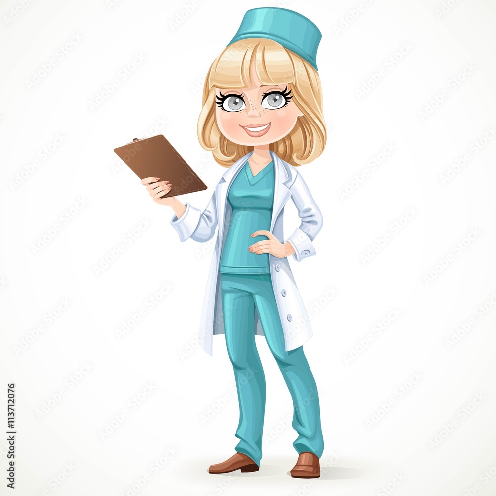 Fototapeta premium Beautiful girl doctor in surgeon costume and medical coat holdin