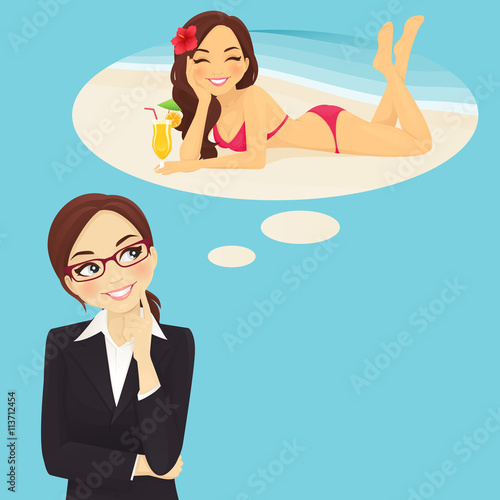 Beautiful business woman in glasses dreaming about vacation at beach with thought bubbles