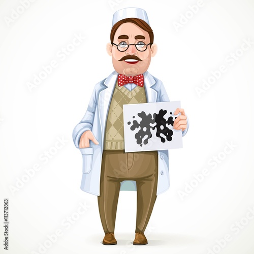 Psychiatrist doctor in a white coat and a Rorschach test in hand