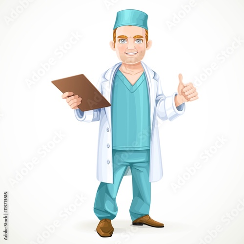 Cute doctor in surgical suit and white lab coat holding a medica