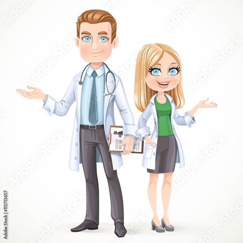 Cute male and womam doctor in a white coat with planchette with