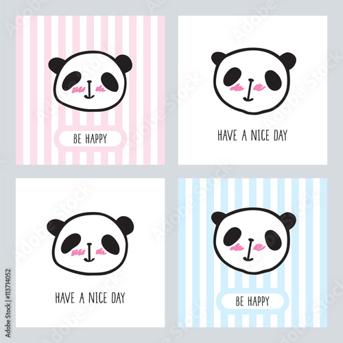 Fototapeta Naklejka Na Ścianę i Meble -  Set of small cards with a cute pandas. Hand drawn pandas for your design. Doodles, sketch. Vector illustration.