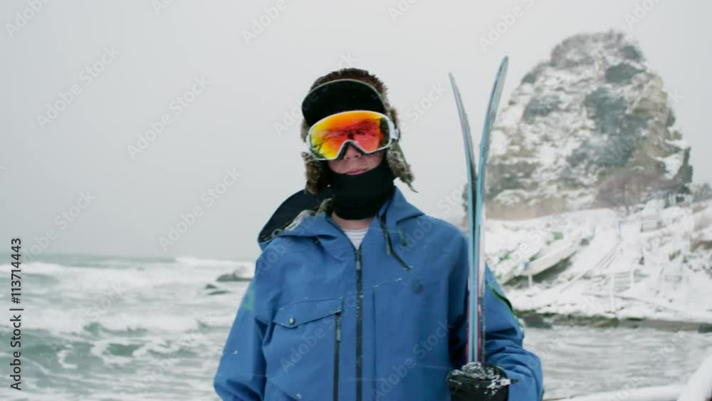 Skier Profile Portrait Holding Skis Wearing Goggles Hat, Jacket, Winter ...
