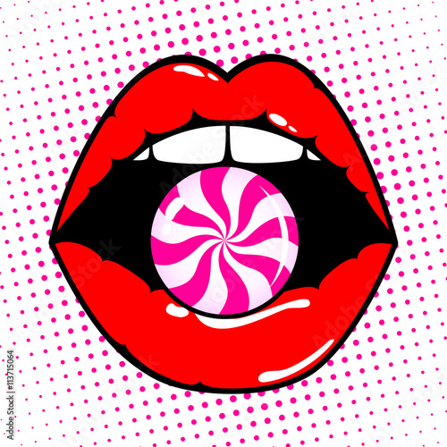 Woman red lips with candy on pop art background. Vector illustration