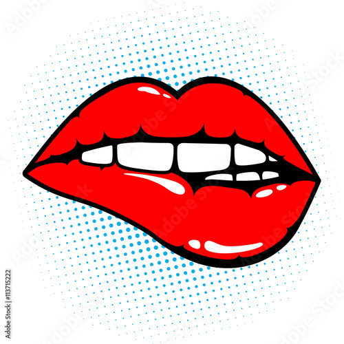 Woman red lips biting on pop art background. Vector illustration