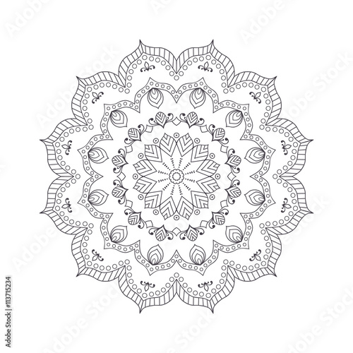 Hand drawn flower mandala for coloring book. Black and white ethnic henna pattern. Indian, asian, arabic, islamic, ottoman, moroccan motif. Vector illustration.