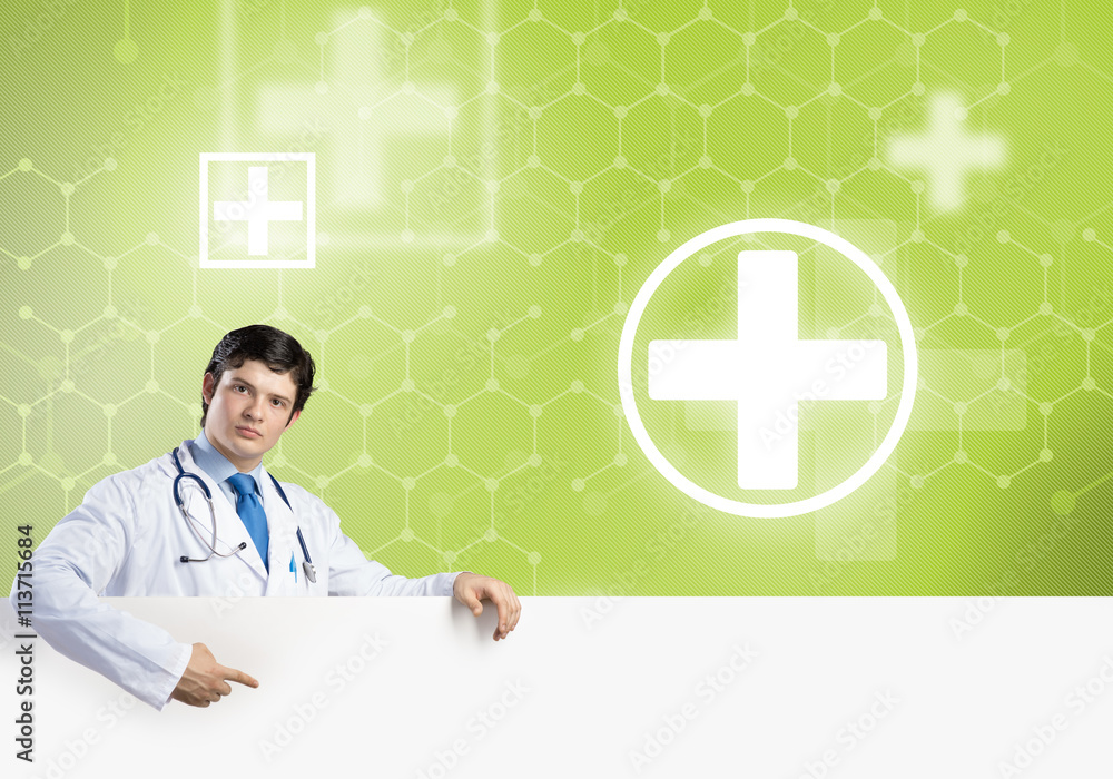 Doctor with banner Doctor with banner