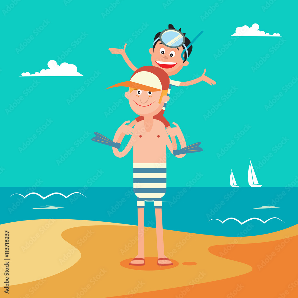 Father and Son on Summer Beach Vacation. Happy Family on the Sea. Vector illustration