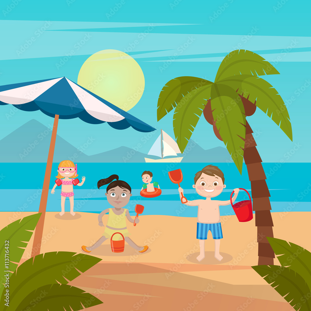 Children Sea Vacation. Girls and Boys Playing and Swimming on the Beach. Vector illustration