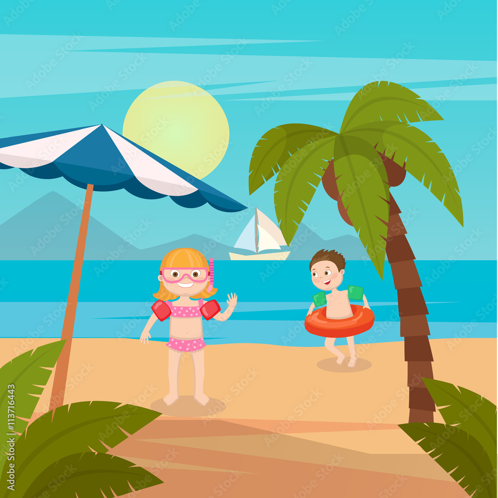 Children Sea Vacation. Girl and Boy Swimming on the Beach. Vector illustration