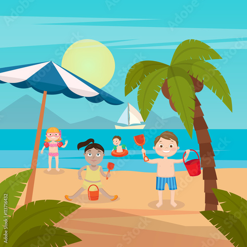 Children Sea Vacation. Girls and Boys Playing and Swimming on the Beach. Vector illustration © Sergii Pavlovskyi