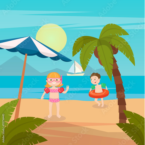 Children Sea Vacation. Girl and Boy Swimming on the Beach. Vector illustration