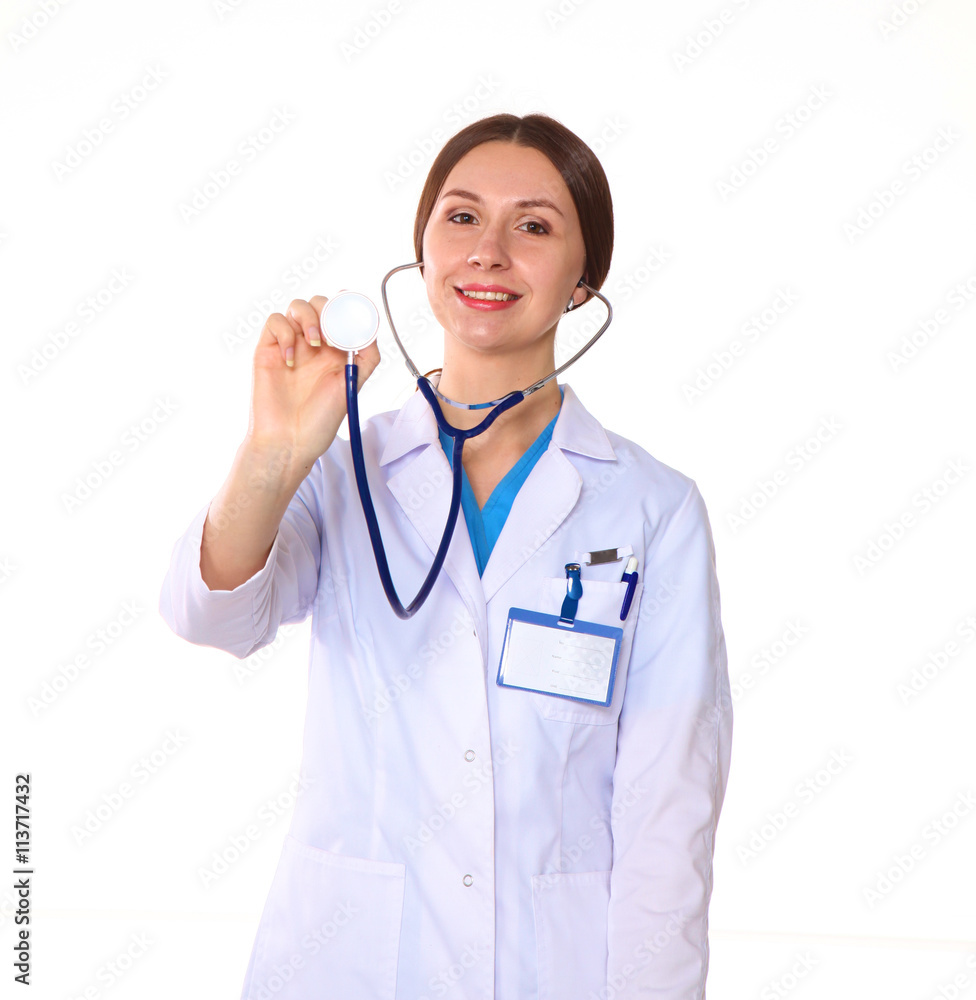 Young woman doctor examines the X-rays. Isolate