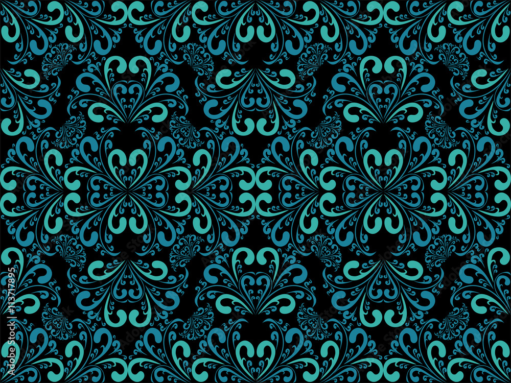 Seamless blue damask Pattern on black. Seamless blue damask Pattern on black.