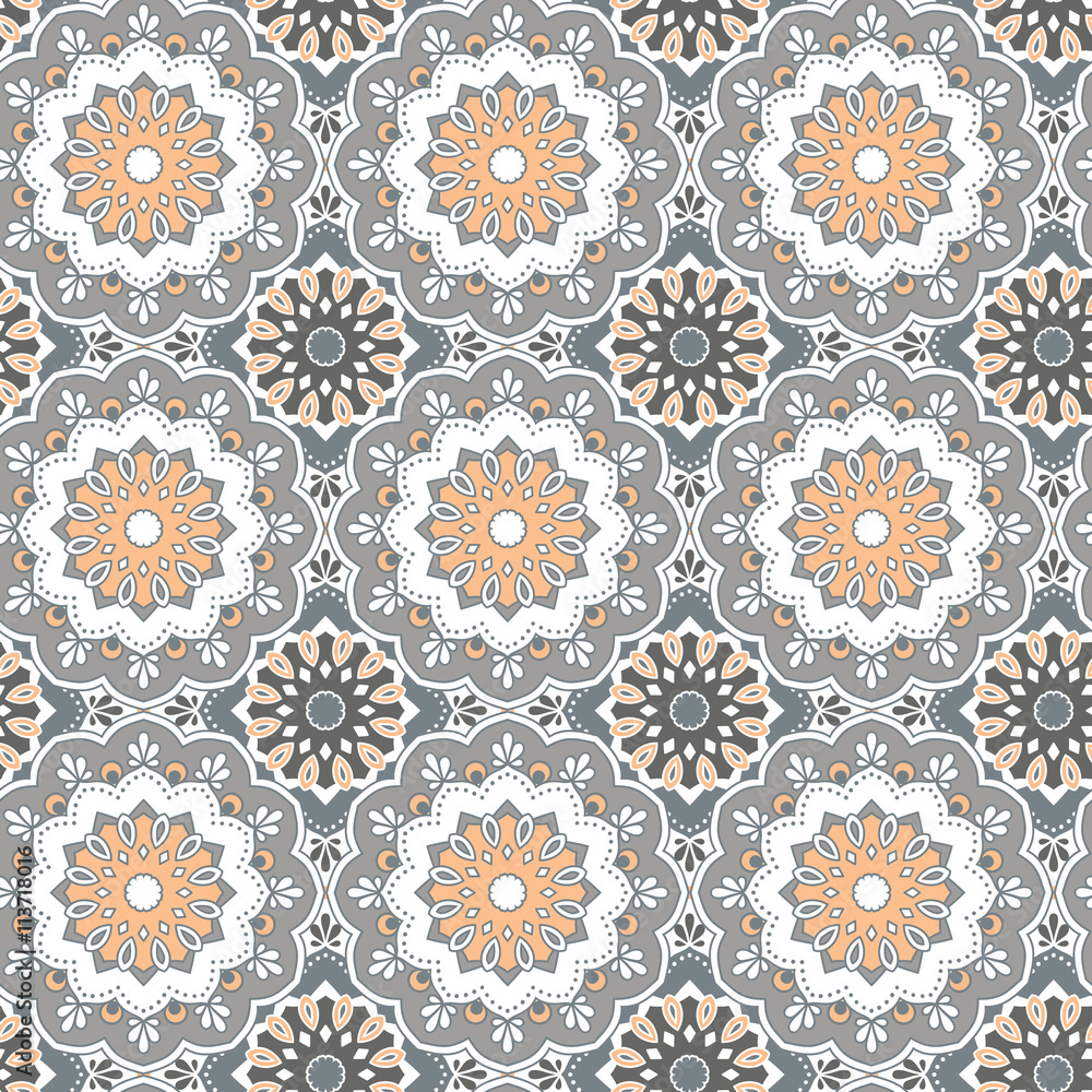Seamless hand drawn mandala pattern. Vintage decorative elements.Grey, orange, white color tone background.Islam, Arabic, Indian, turkish,ottoman motifs.Perfect for printing on fabric or paper. Vector