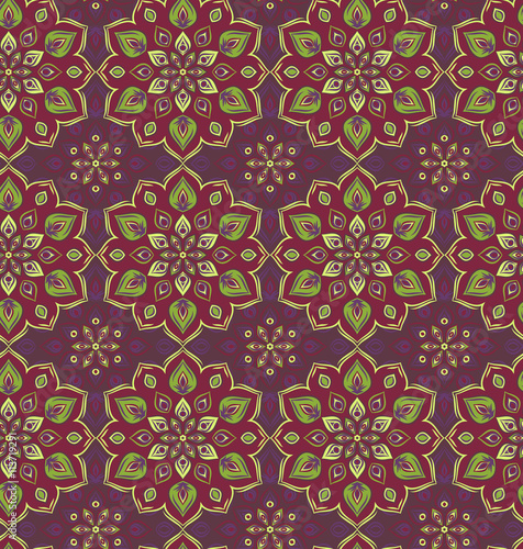 Seamless hand drawn mandala pattern. Vintage decorative elements. Violet, green, color tone background. Islam, arabic, Indian, turkish,ottoman motifs. Perfect for printing on fabric or paper. Vector