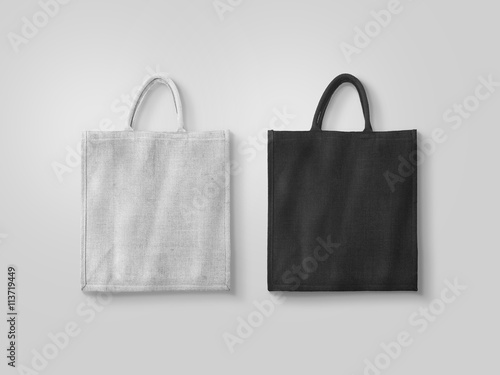 Blank white and black cotton eco bag design mockup isolated, clipping path. Textile cloth customer bag mock up template. Tote shoe consumer reusable organic craft package. Carrier recycle grossery bag