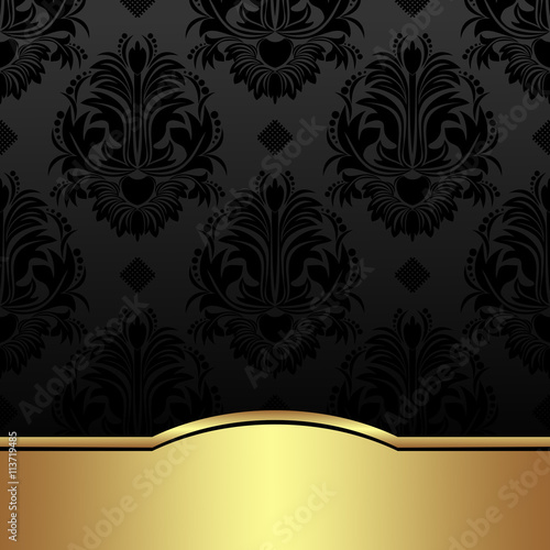 Luxury charcoal damask Background with golden Border.