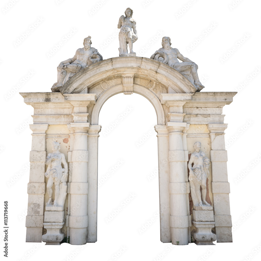 Fototapeta premium White stone entrance with statues suitable as a frame or border.