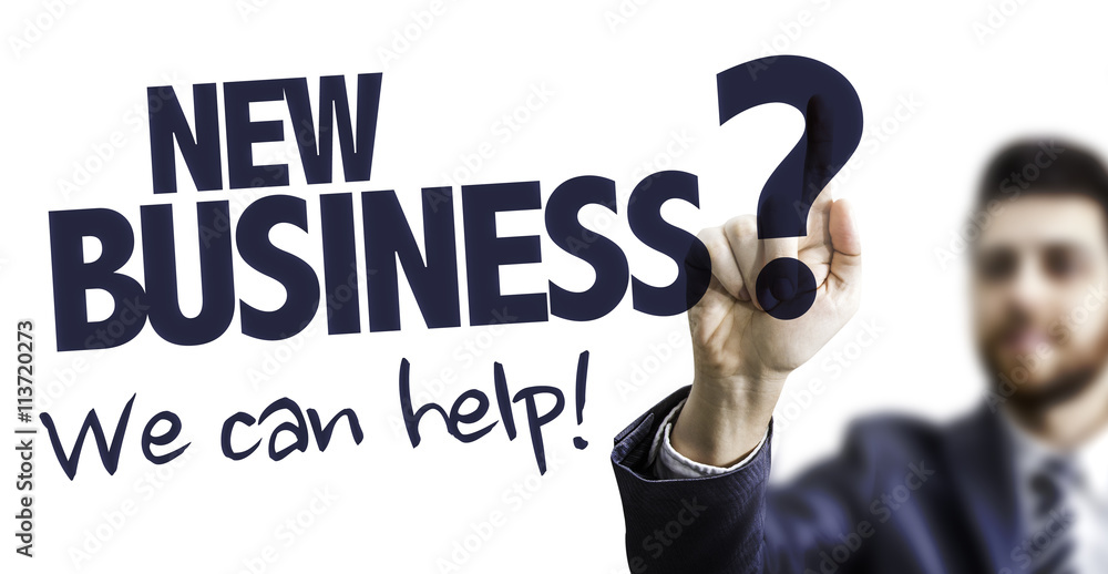 Business Man Pointing the Text: New Business? We Can Help! Business Man Pointing the Text: New Business? We Can Help!