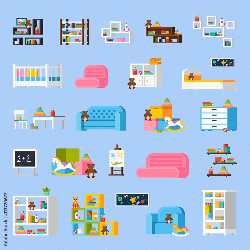 Baby Room Furniture Flat Decorative Icons Baby Room Furniture Flat Decorative Icons