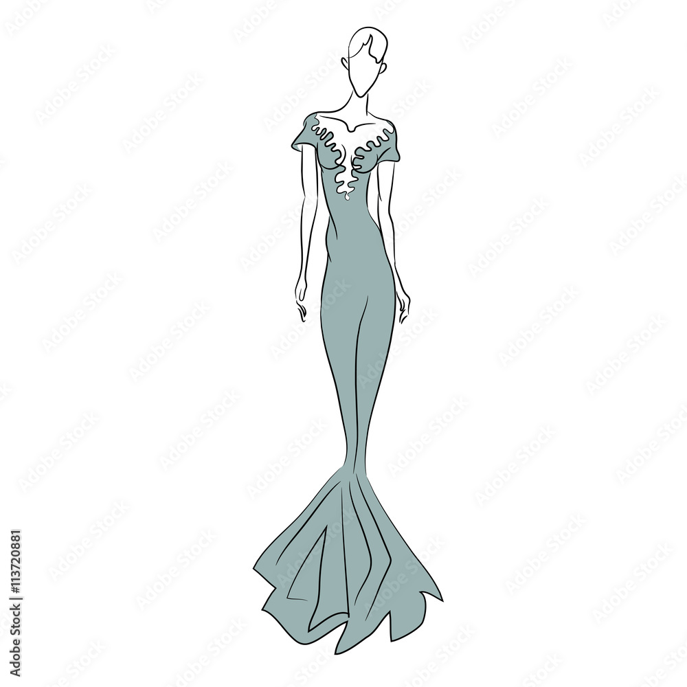 Fashion sketch of woman in long grey dress Fashion sketch of woman in long grey dress