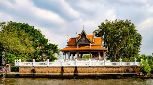 Classical Thai architecture on Chao Phraya River in Bangkok  Thailand.