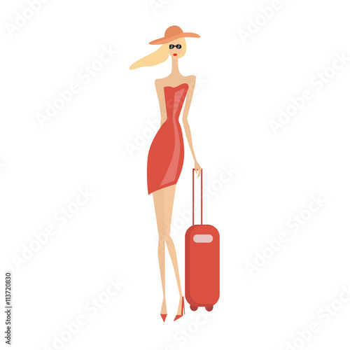Model in red dress with hat and luggage bag