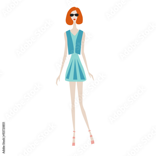 Vector fashion sketch. Beautiful model walking on runway