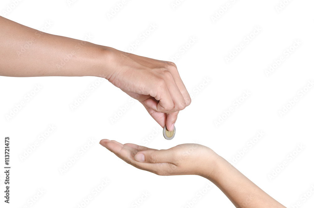 hand give money on white background hand give money on white background