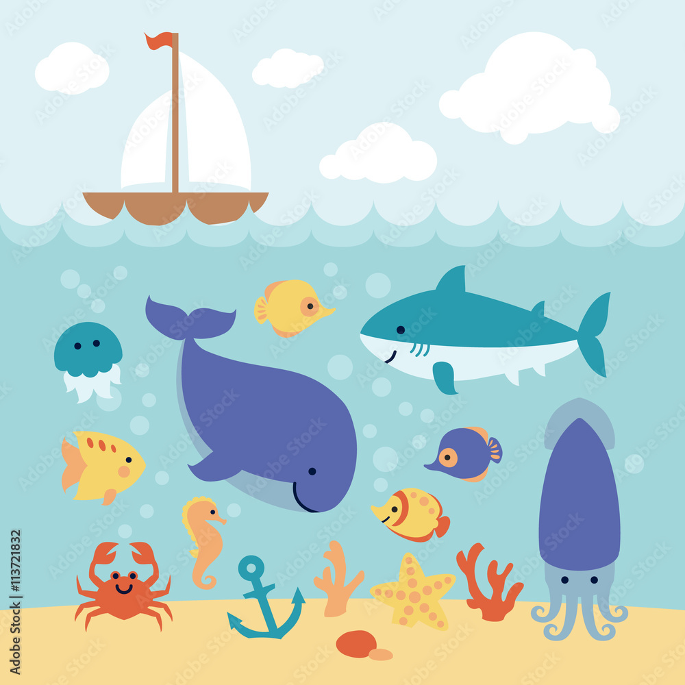 Fototapeta premium Cute cartoon animals swimming under the sea and boat.