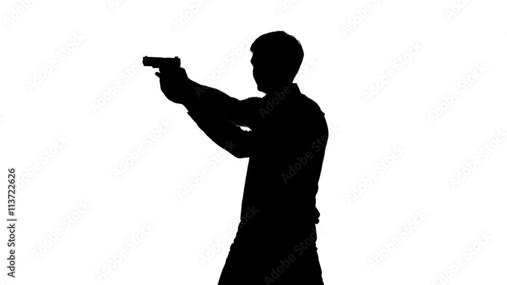 Man takes aim and fires his gun. Silhouette. White Man takes aim and fires his gun. Silhouette. White