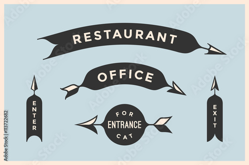 Set of vintage arrows and banners with inscription Restaurant, Office, Entrance, Enter, Exit. Design elements in retro style arrow signs on color background. Vector Illustration
