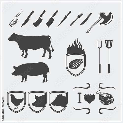 Vector meat logos, labels and design elements. Silhouettes of animals.