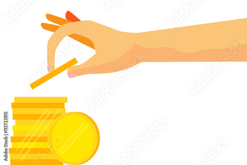 illustration for woman invest her money - Woman Hand - Saving Money - Blank Golden Coin, isolated on white 