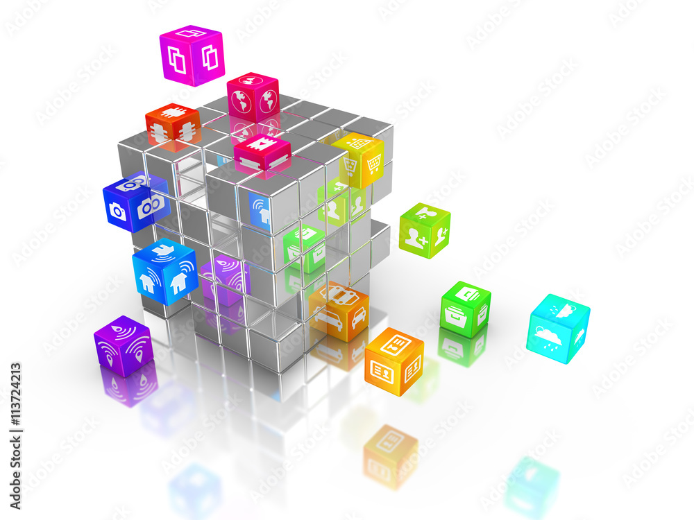 IOT rainbow cubes flying out of big cube IOT rainbow cubes flying out of big cube