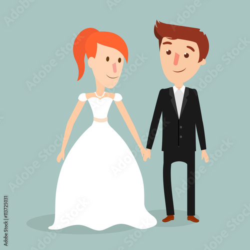 Vector illustration of young happy newlyweds bride and groom. Just married couple. Illustration for print  web.