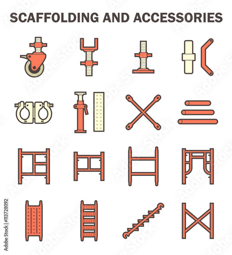 Scaffold component part vector icon also called scaffold or staging. That is ringlock system type. Use as temporary structure to support work in construction, maintenance and repair of building etc.