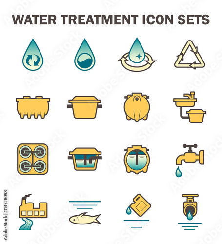 Water treatment plant and wastewater or waste water and septic tank vector icon set. That removes sewage and grease from water to improves the quality of water appropriate for drinking and supply use.