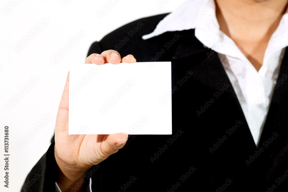 businesswoman asian holding and shown a business card on white b businesswoman asian holding and shown a business card on white b