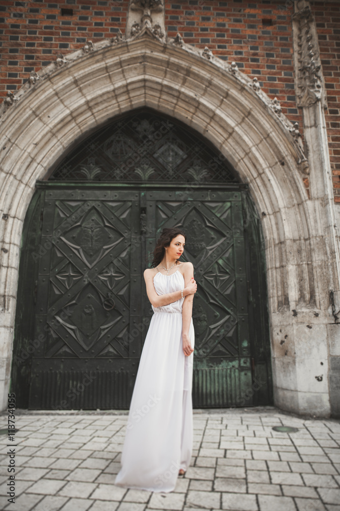 Beautiful young bride posing on the background old building