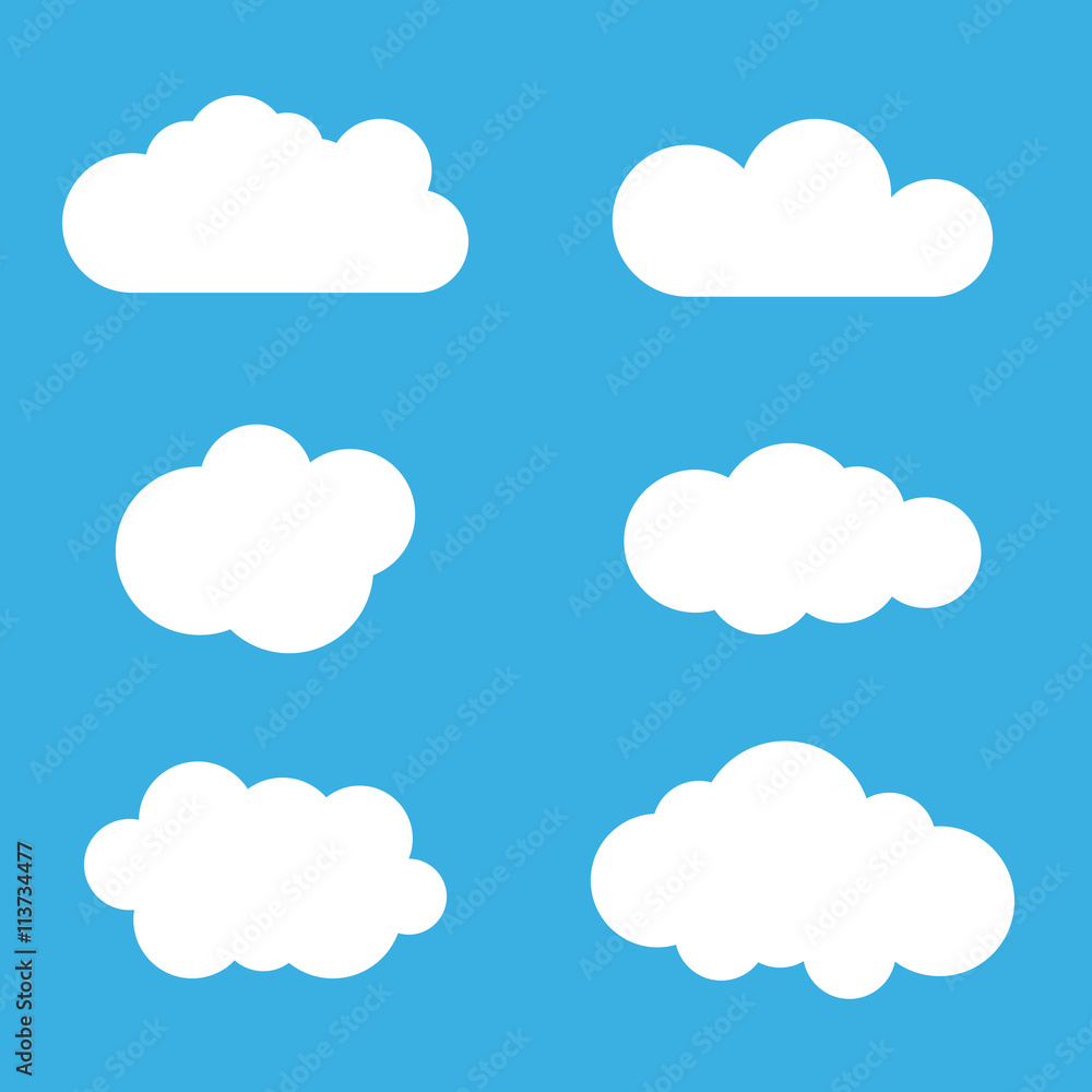 Cloud icons set. White outline isolated on blue sky background. Collection template elements design. Symbol of space, weather, clear and nature. Abstract signs. Flat graphic style. Vector Illustration