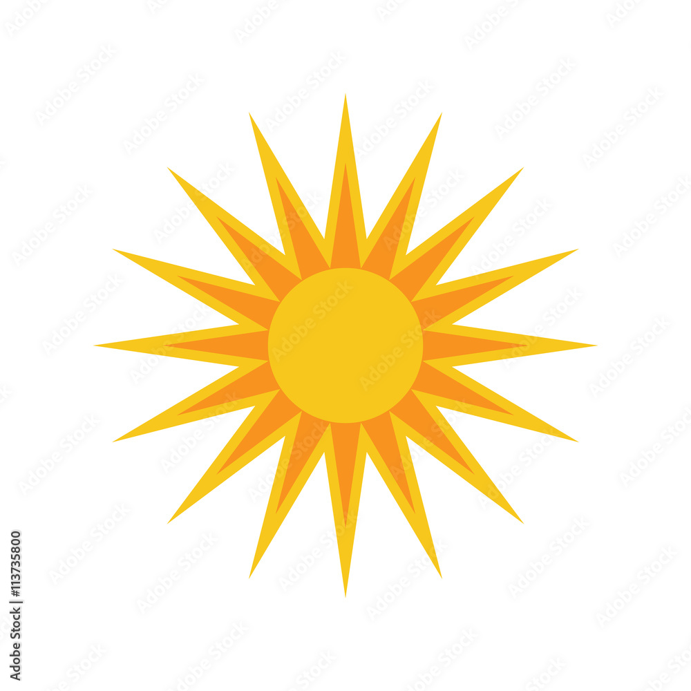 Sun icon. Light sign with sunbeams. Yellow design element, isolated on white background. Symbol of sunrise, heat, sunny and sunset, sunlight. Flat modern style for weather forecast Vector Illustration Sun icon. Light sign with sunbeams. Yellow design element, isolated on white background. Symbol of sunrise, heat, sunny and sunset, sunlight. Flat modern style for weather forecast Vector Illustration