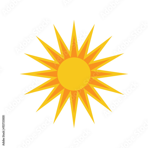 Sun icon. Light sign with sunbeams. Yellow design element, isolated on white background. Symbol of sunrise, heat, sunny and sunset, sunlight. Flat modern style for weather forecast Vector Illustration