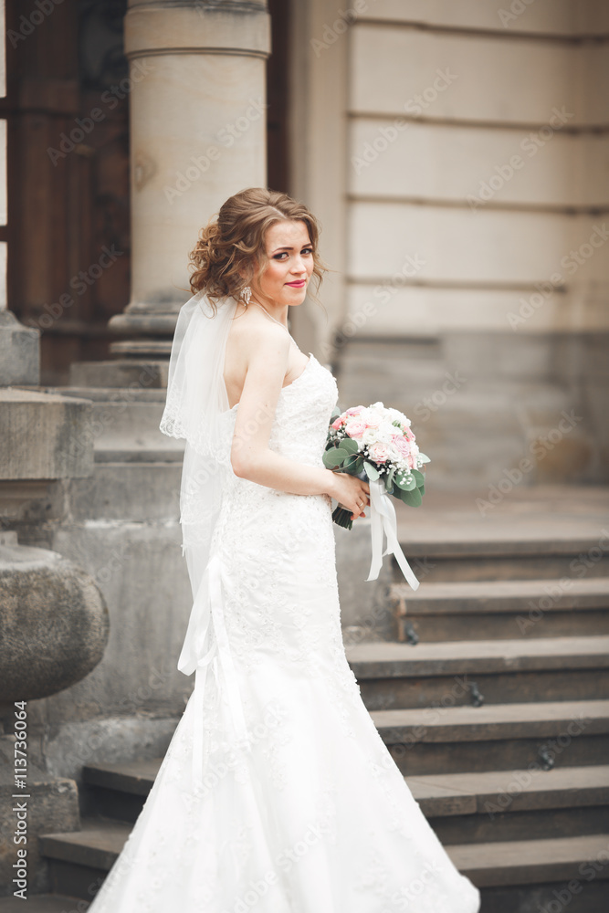 Wonderful bride with a luxurious white dress posing in the old town Wonderful bride with a luxurious white dress posing in the old town