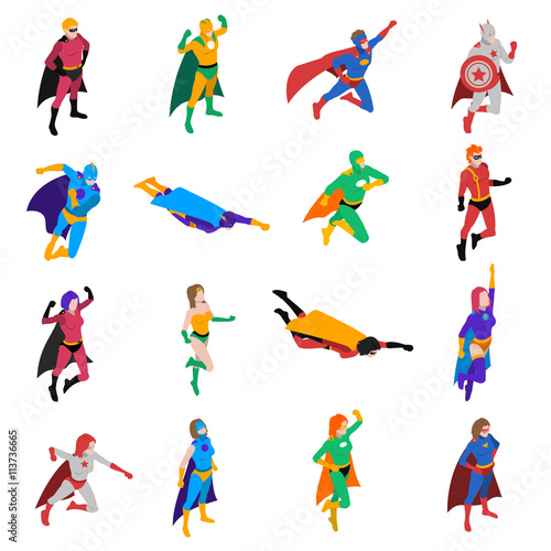 Superhero Popular Character Isometric Icons Set 